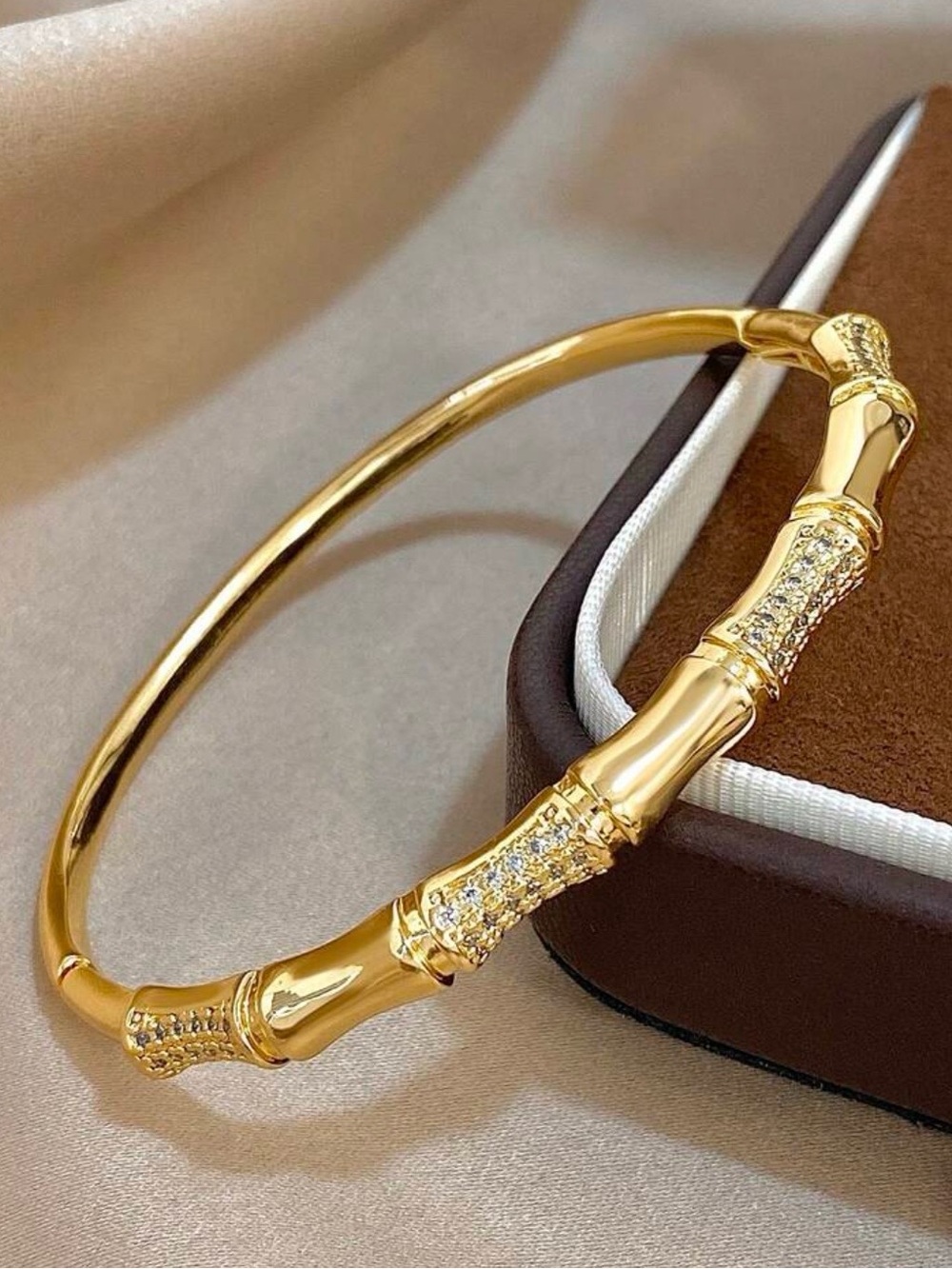 Gold Bamboo-Style Crystal Accent Stackable Bracelet